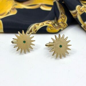 Vintage Swank Gold starburst cufflinks with emerald center